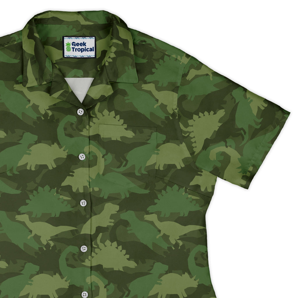 Dinosaur Khaki Army Dinosaur Green Curvy Button Up Shirt Geek Nerd dinosaur print women