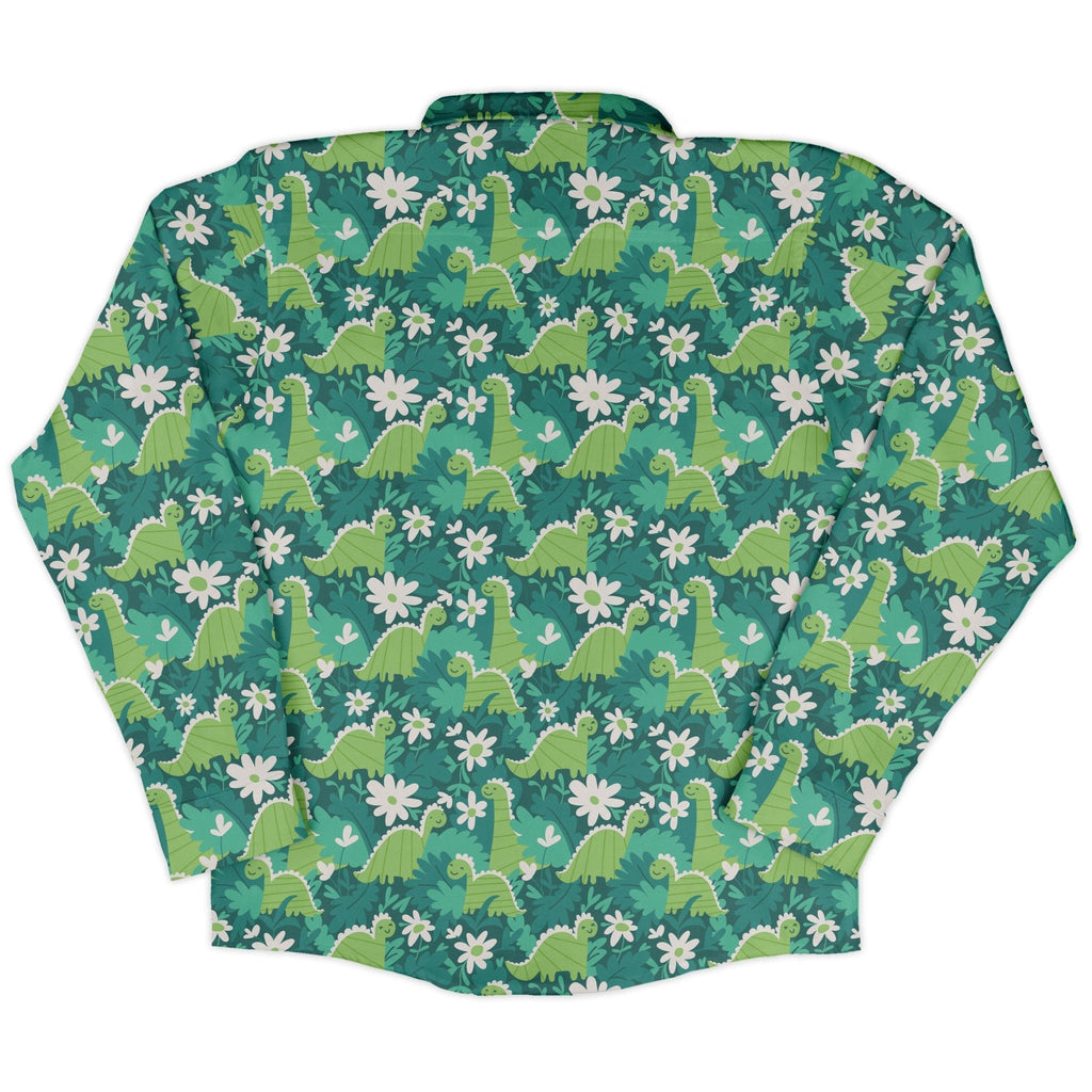 Dinosaur Smiles Flowers and Leaves Long Sleeve Button Up Shirt Geek Nerd adult sizing dinosaur print FLOW DESC WRITING