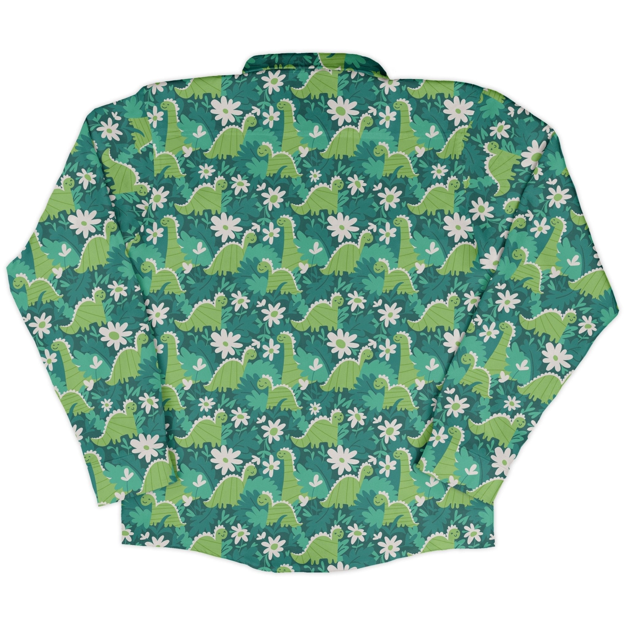 Dinosaur Smiles Flowers and Leaves Long Sleeve Button Up Shirt Geek Nerd adult sizing dinosaur print FLOW DESC WRITING