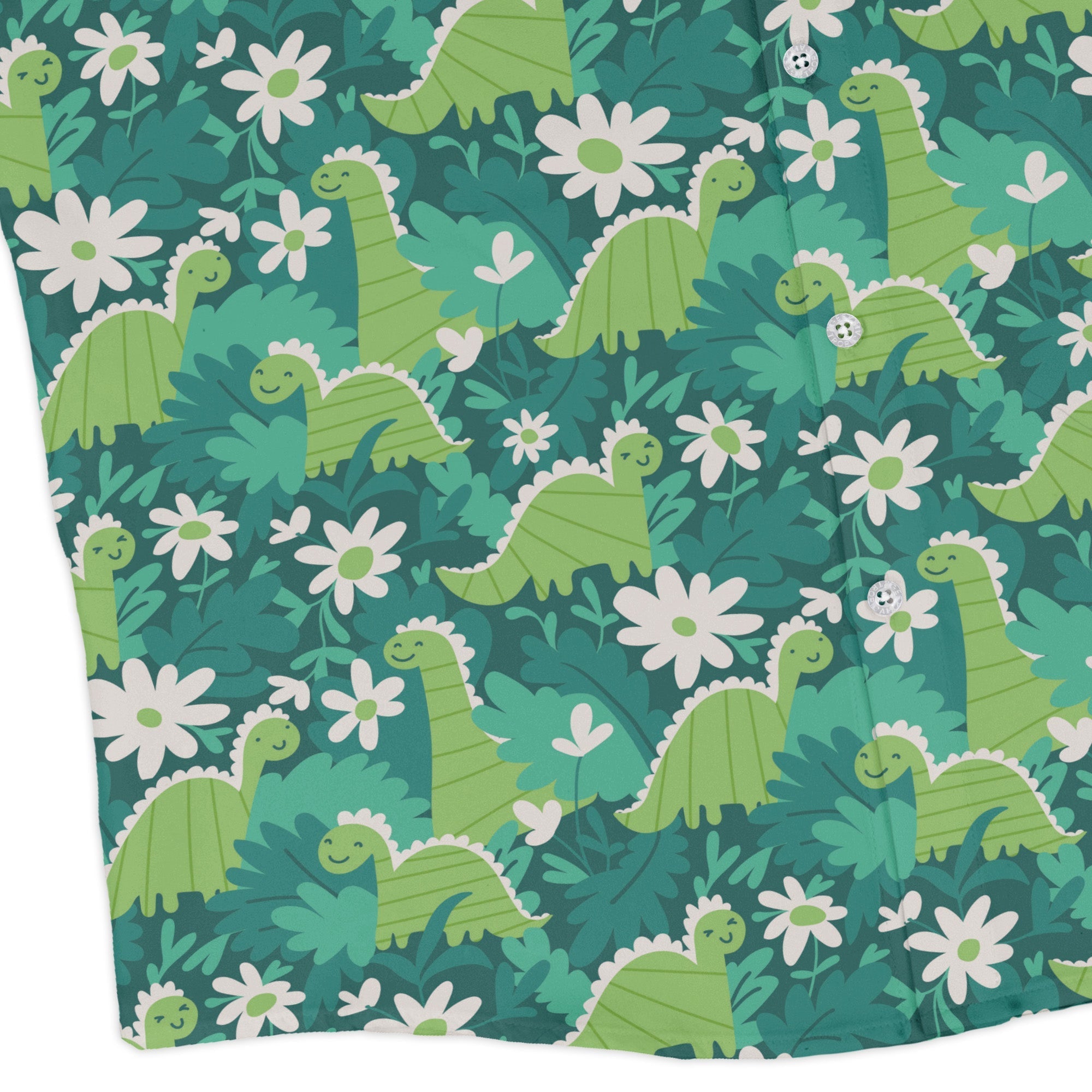 Dinosaur Smiles Flowers and Leaves Long Sleeve Button Up Shirt Geek Nerd adult sizing dinosaur print FLOW DESC WRITING