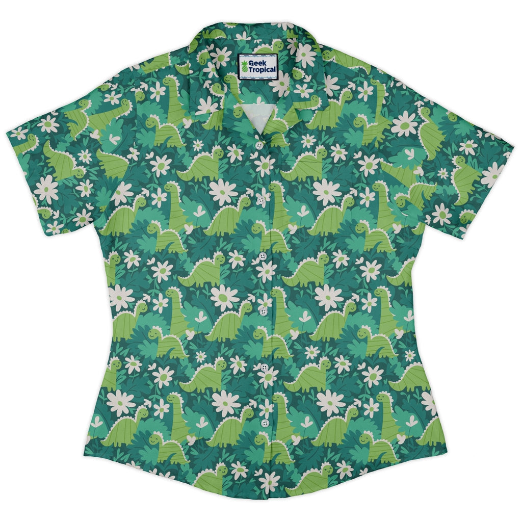Dinosaur Smiles Flowers and Leaves Curvy Button Up Shirt Geek Nerd dinosaur print Maximalist Patterns women