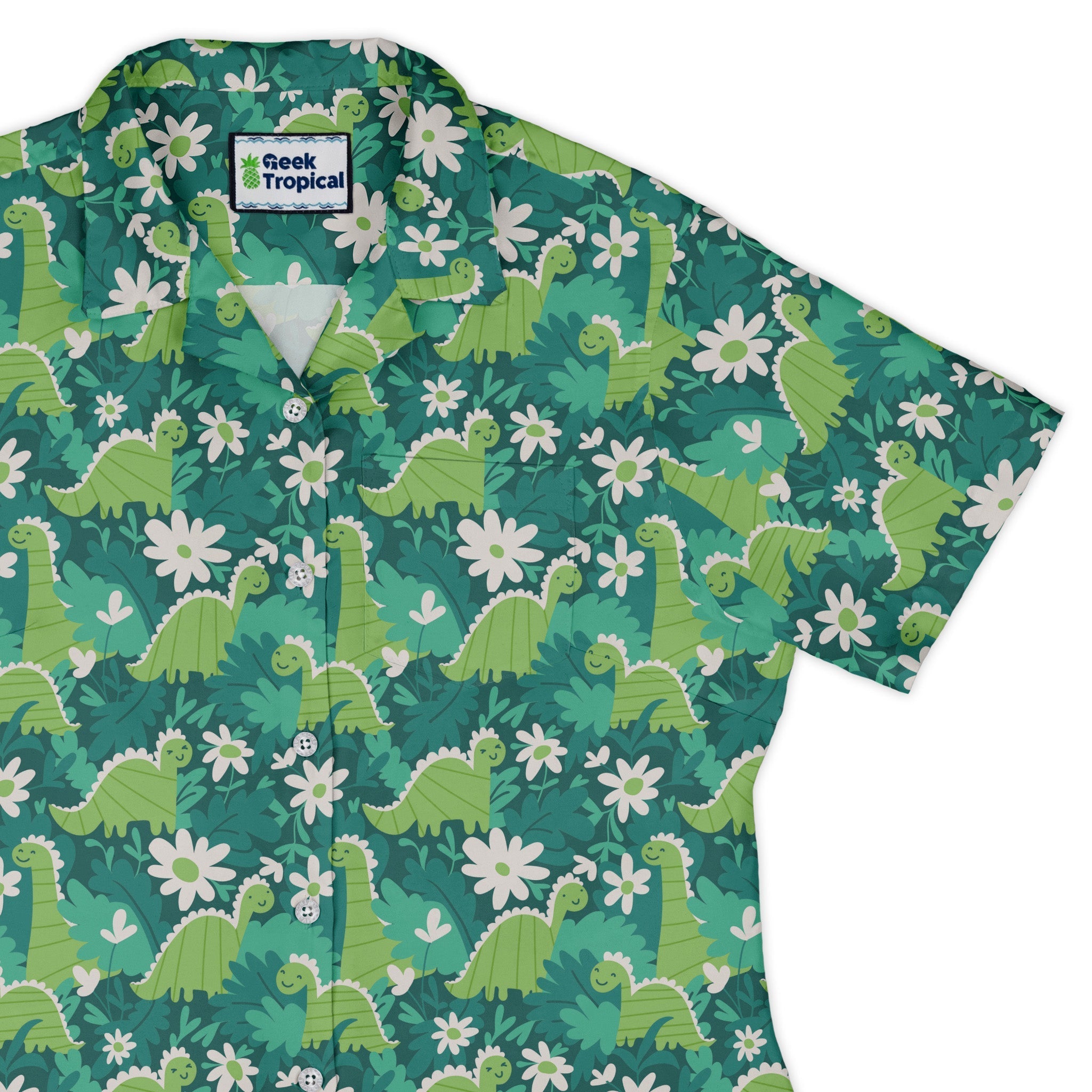 Dinosaur Smiles Flowers and Leaves Curvy Button Up Shirt Geek Nerd dinosaur print Maximalist Patterns women