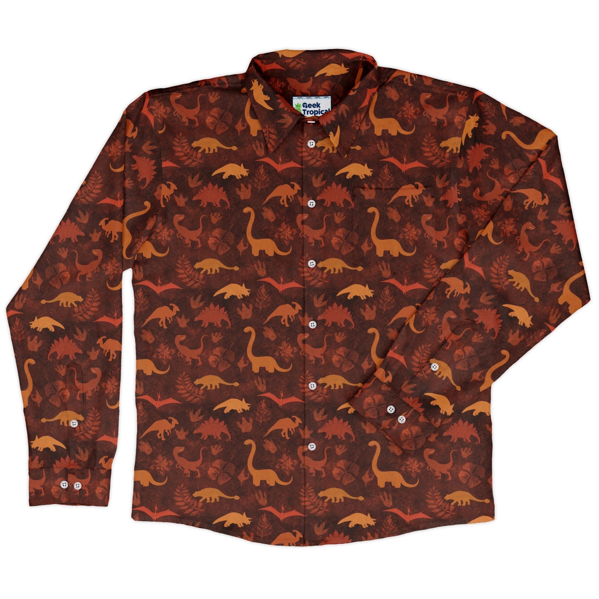 Dinosaur Tropical Fall Sunset Long Sleeve Button Up Shirt Geek Nerd adult sizing Animal Patterns Designs by Nathan