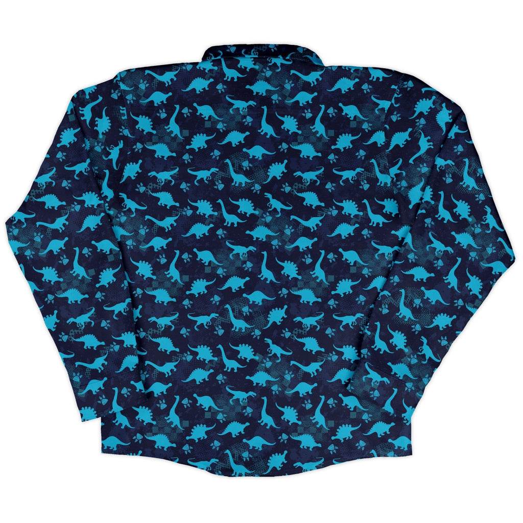 Dinosaur Urban Geometric Blue Dinosaur Long Sleeve Button Up Shirt Geek Nerd adult sizing dinosaur print FLOW DESC WRITING