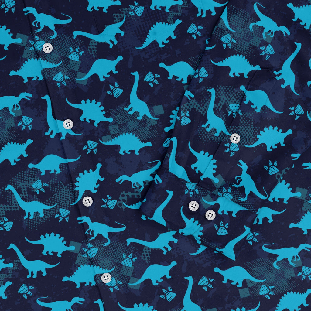 Dinosaur Urban Geometric Blue Dinosaur Long Sleeve Button Up Shirt Geek Nerd adult sizing dinosaur print FLOW DESC WRITING
