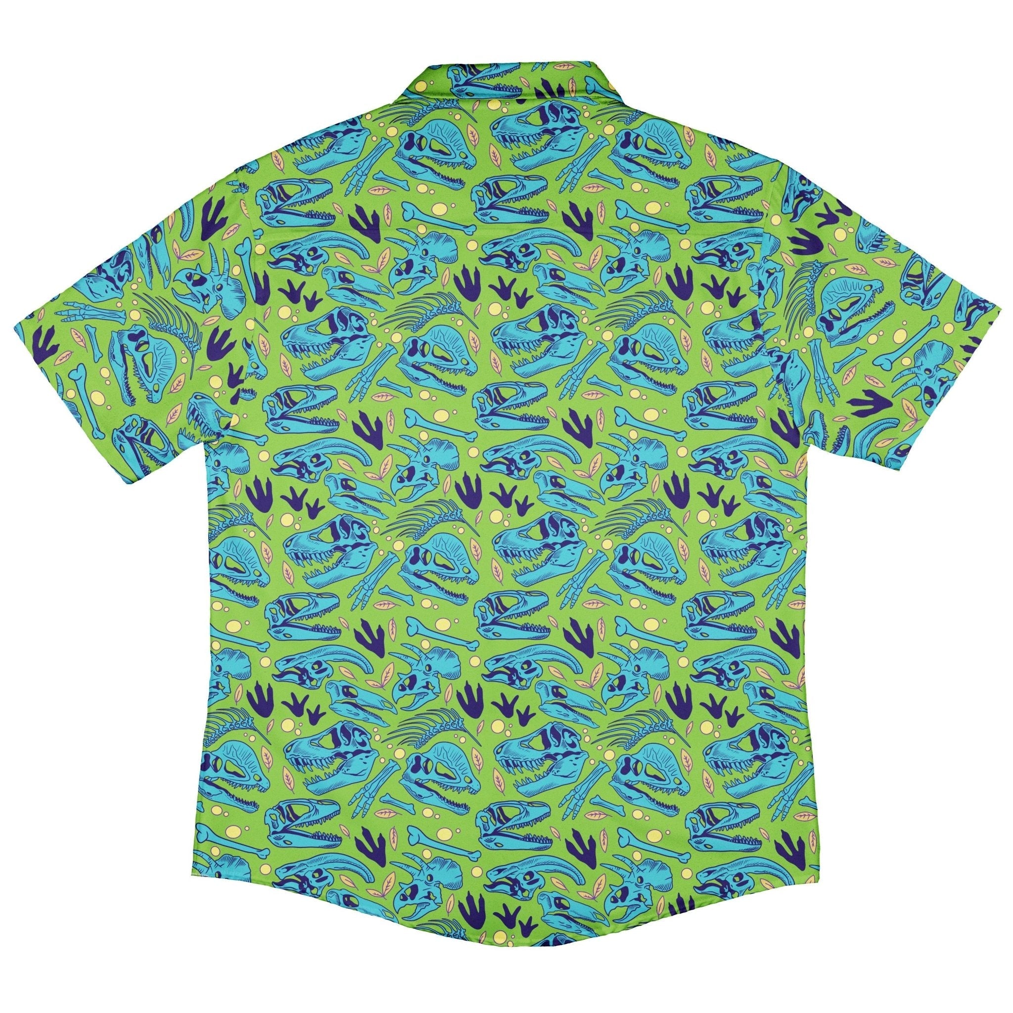 Dinosaur Bone Digs Button Up Shirt Geek Nerd adult sizing Design by Julie Kitzes dinosaur print