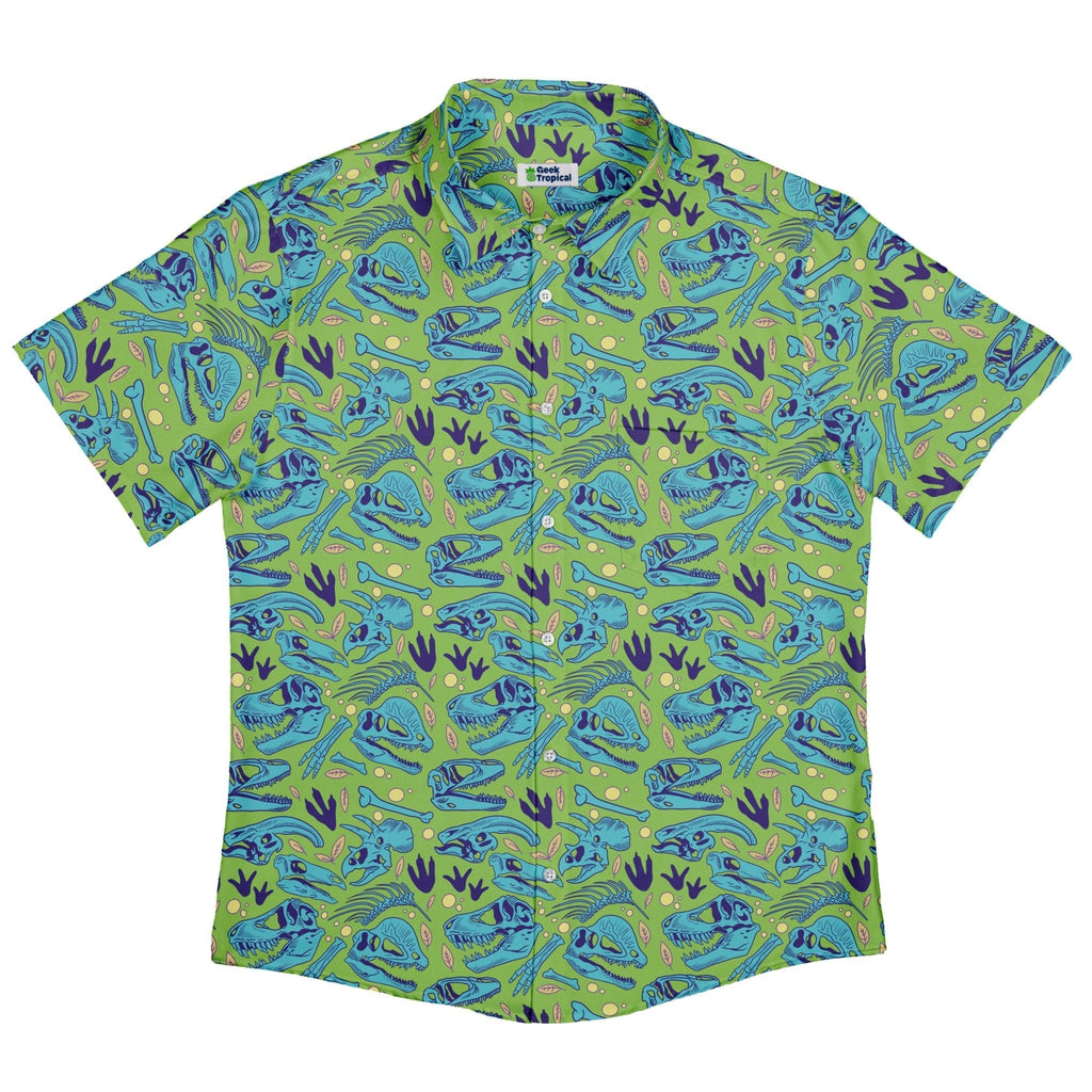 Dinosaur Bone Digs Button Up Shirt Geek Nerd adult sizing Design by Julie Kitzes dinosaur print