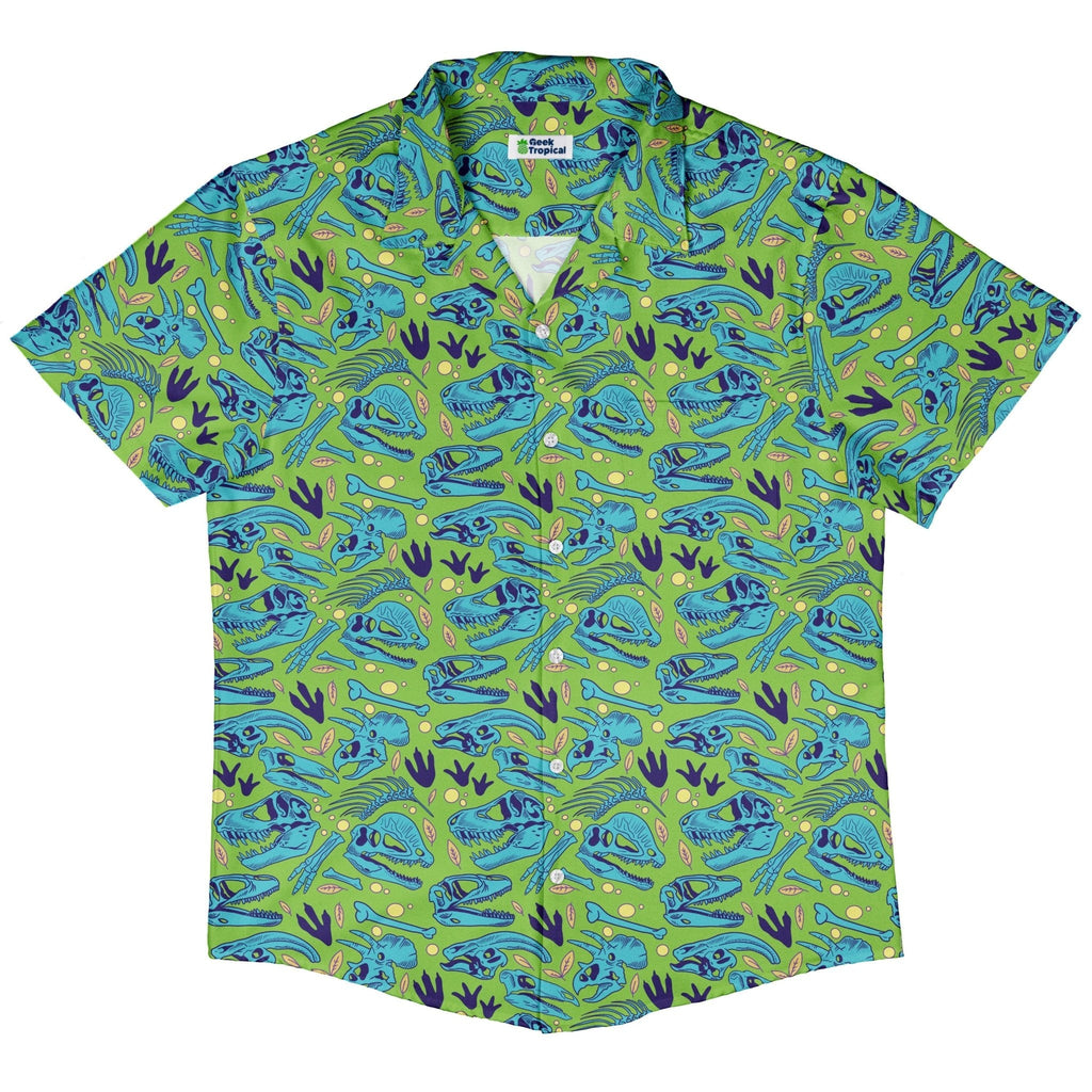 Dinosaur Bone Digs Button Up Shirt Geek Nerd adult sizing Design by Julie Kitzes dinosaur print