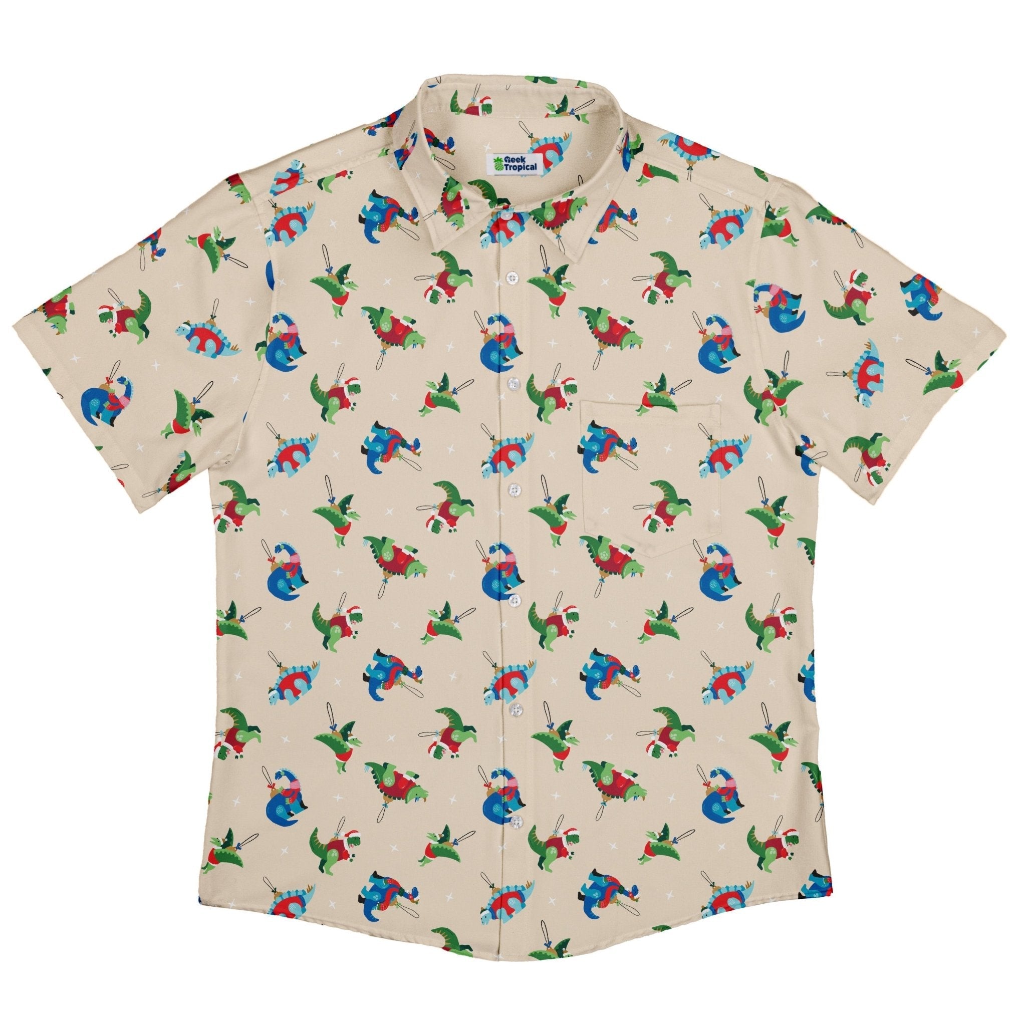 Dinosaur Ornaments Button Up Shirt Geek Nerd adult sizing christmas print Design by Zirkus Design