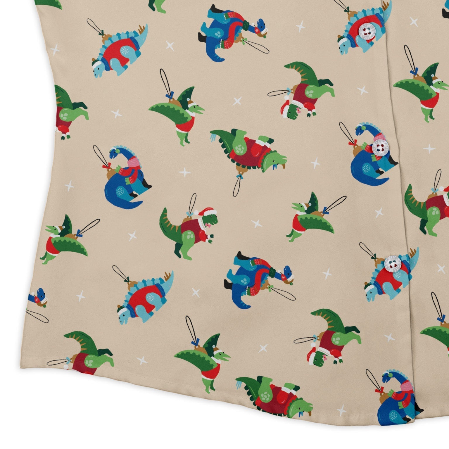 Dinosaur Ornaments Curvy Button Up Shirt Geek Nerd christmas print Design by Zirkus Design dinosaur print