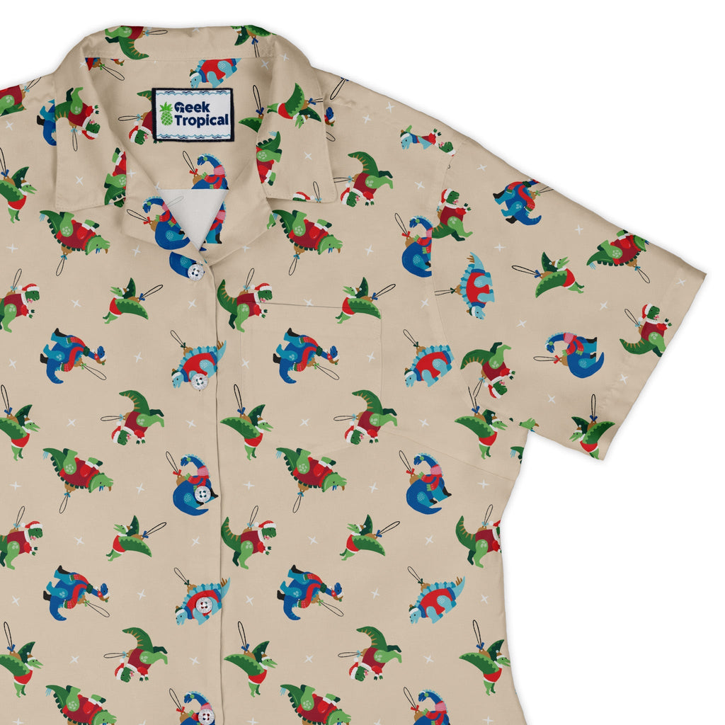 Dinosaur Ornaments Curvy Button Up Shirt Geek Nerd christmas print Design by Zirkus Design dinosaur print