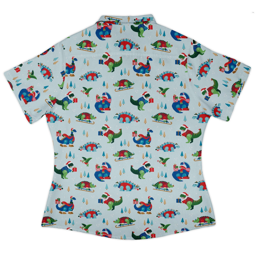 Dinosaur Wonderful Winter Curvy Button Up Shirt Geek Nerd christmas print Design by Zirkus Design dinosaur print