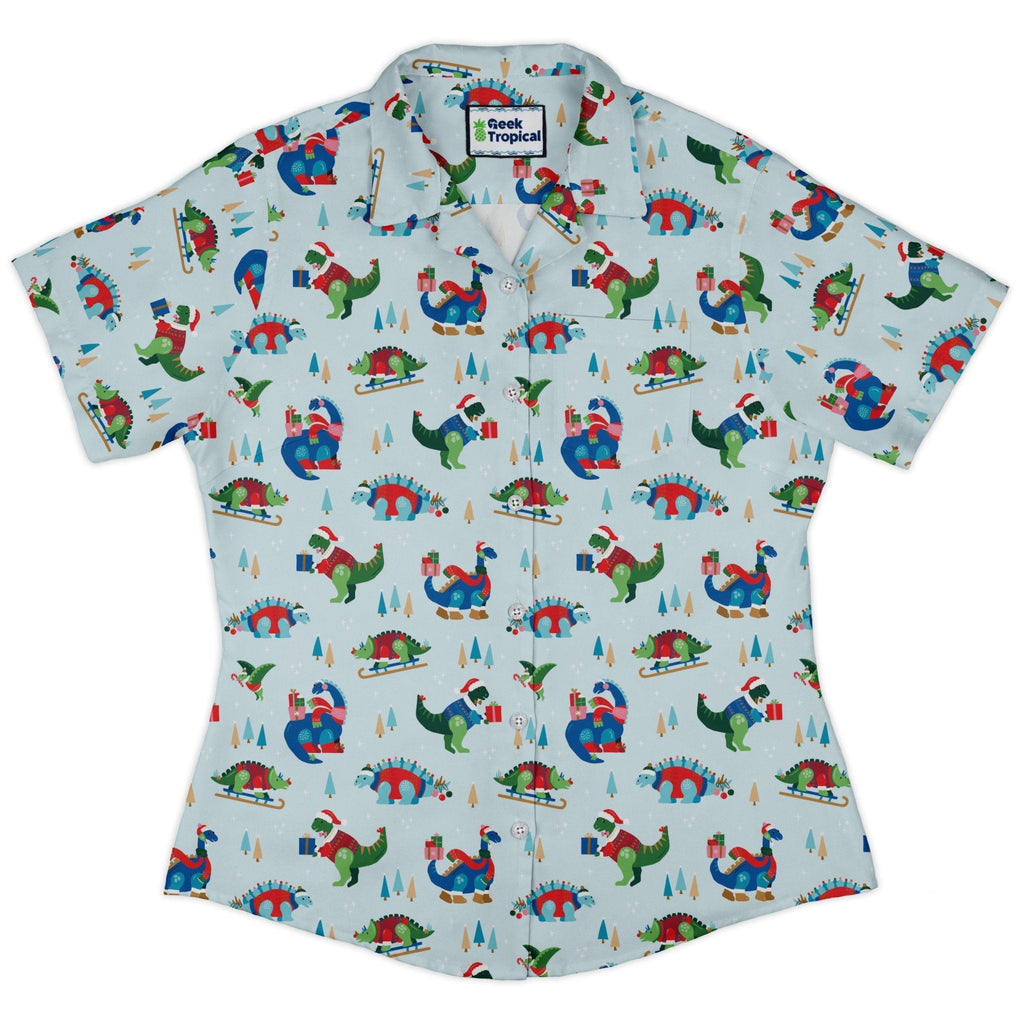 Dinosaur Wonderful Winter Curvy Button Up Shirt Geek Nerd christmas print Design by Zirkus Design dinosaur print