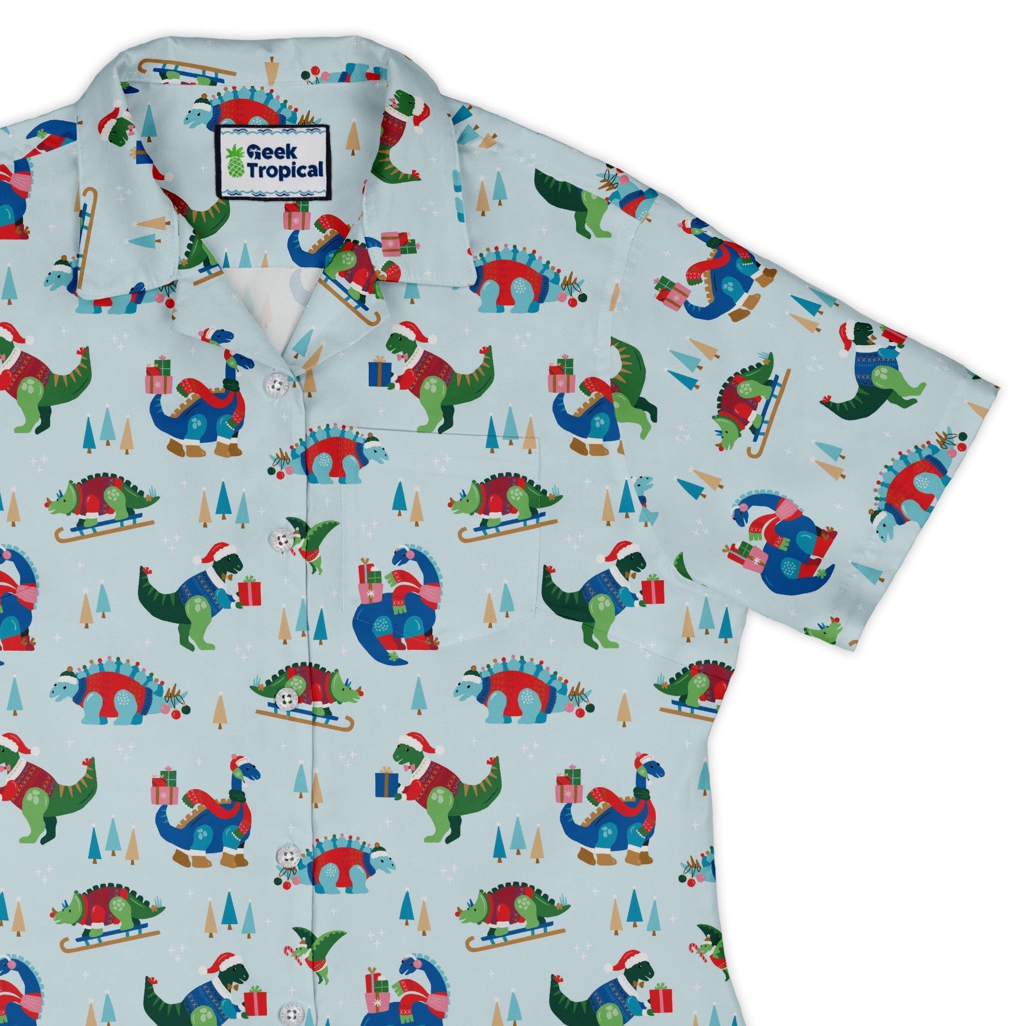 Dinosaur Wonderful Winter Curvy Button Up Shirt Geek Nerd christmas print Design by Zirkus Design dinosaur print