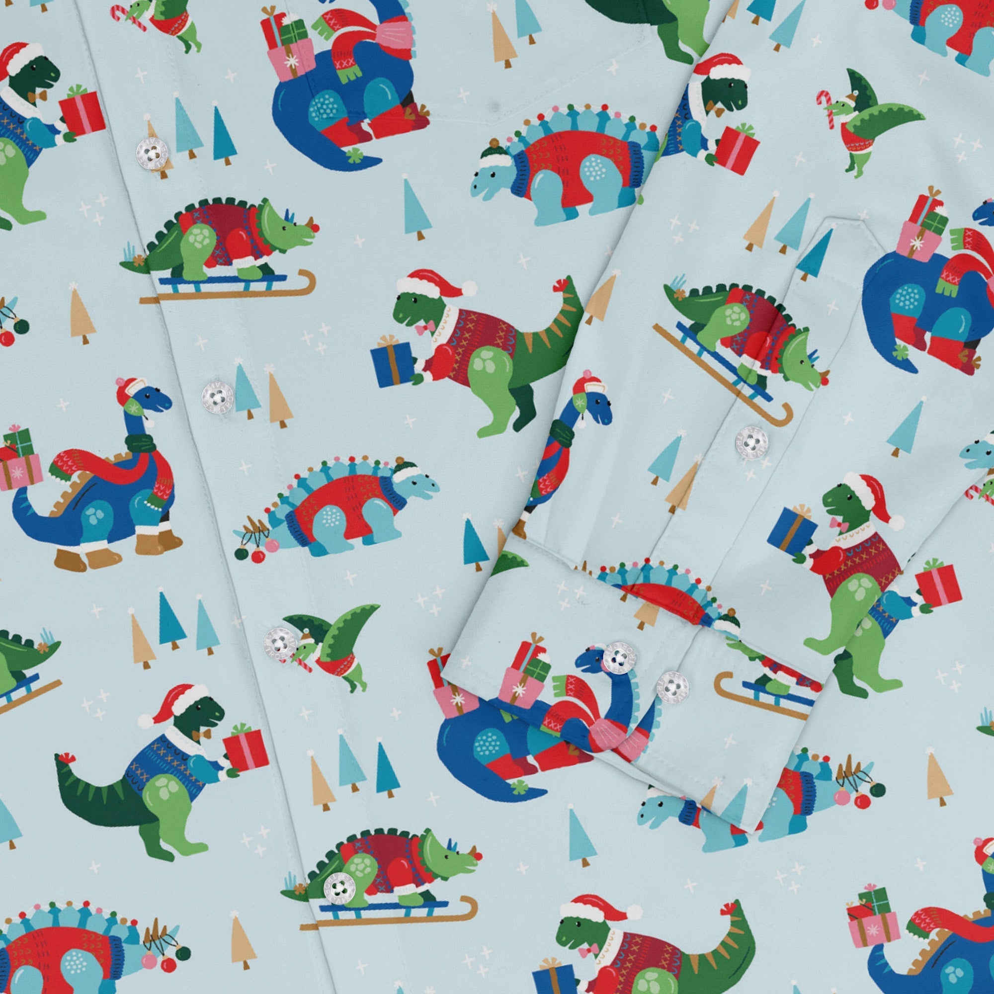 Dinosaur wonderful winter Long Sleeve Button Up Shirt Geek Nerd adult sizing christmas print Design by Zirkus Design