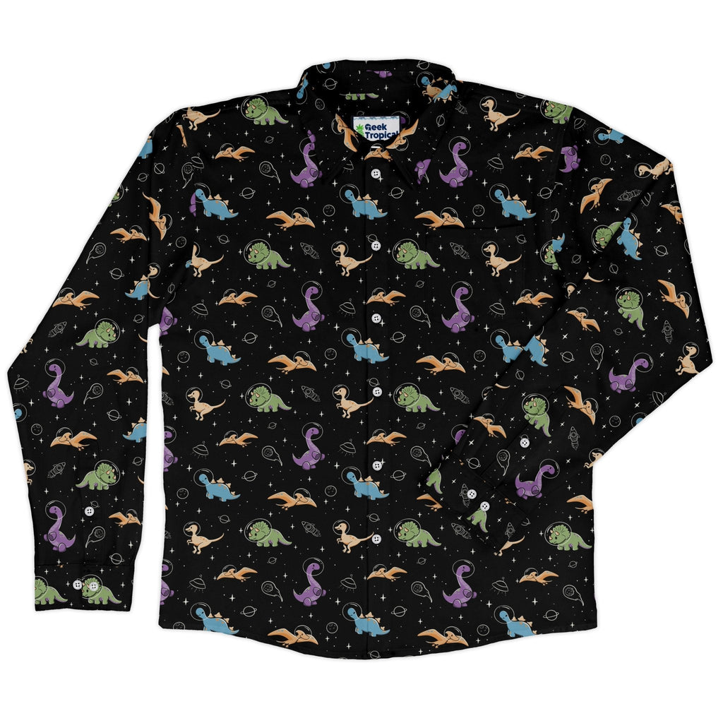 Dinostellar Space Dinosaurs Long Sleeve Button Up Shirt Geek Nerd 0925 adult sizing All Adult Button Up Shirts