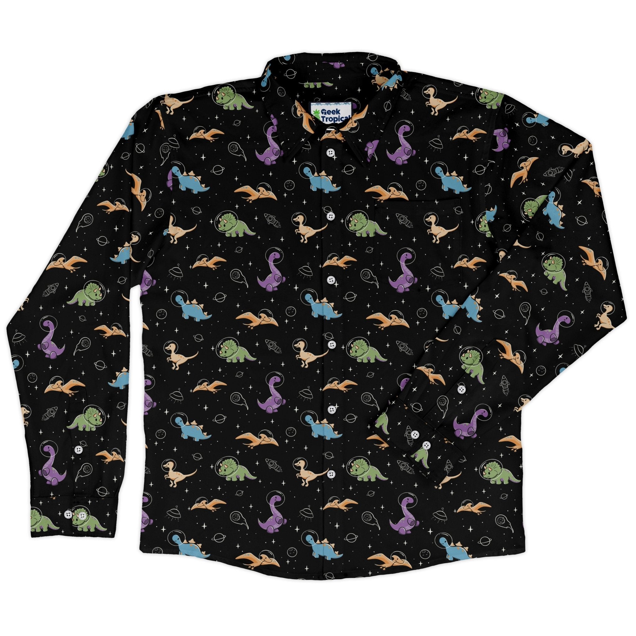 Dinostellar Space Dinosaurs Long Sleeve Button Up Shirt Geek Nerd 0925 adult sizing All Adult Button Up Shirts