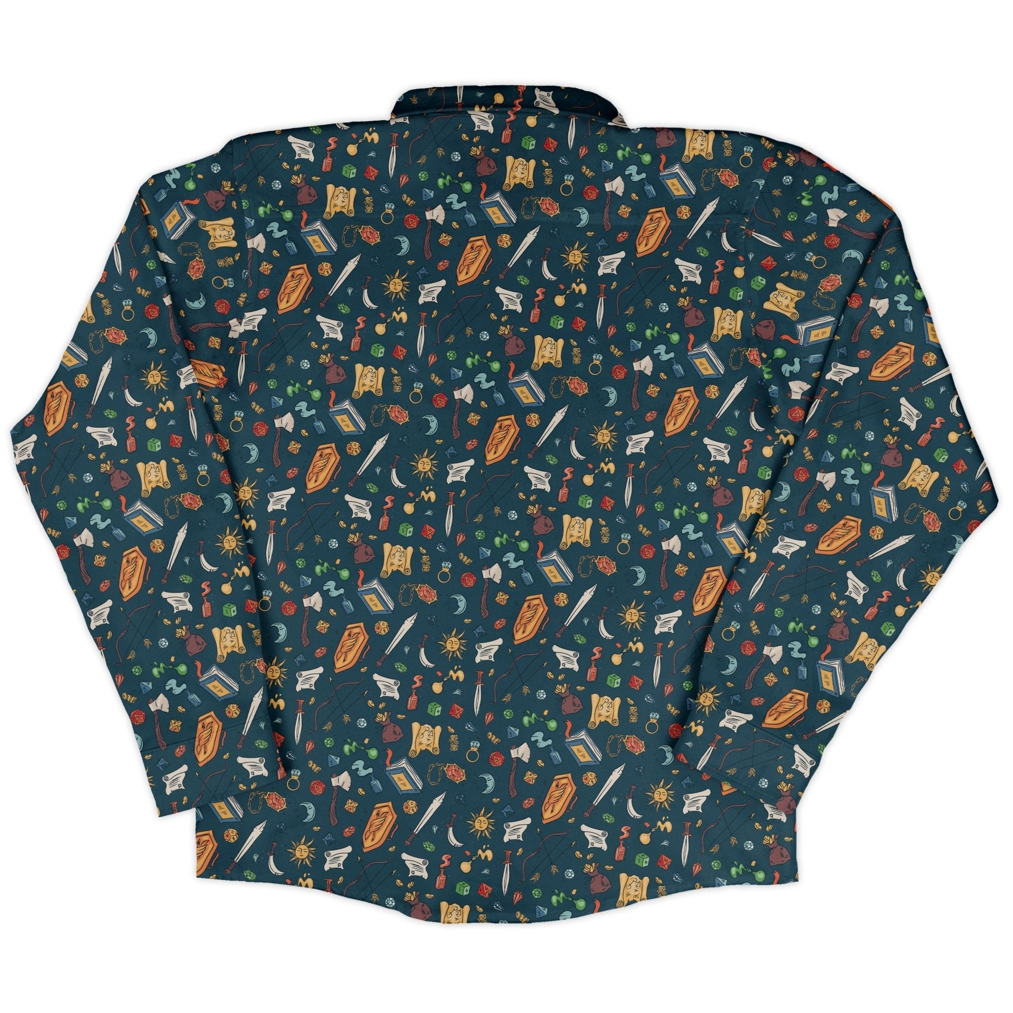 Dnd Adventure Long Sleeve Button Up Shirt Geek Nerd adult sizing dnd & rpg print FLOW DESC WRITING