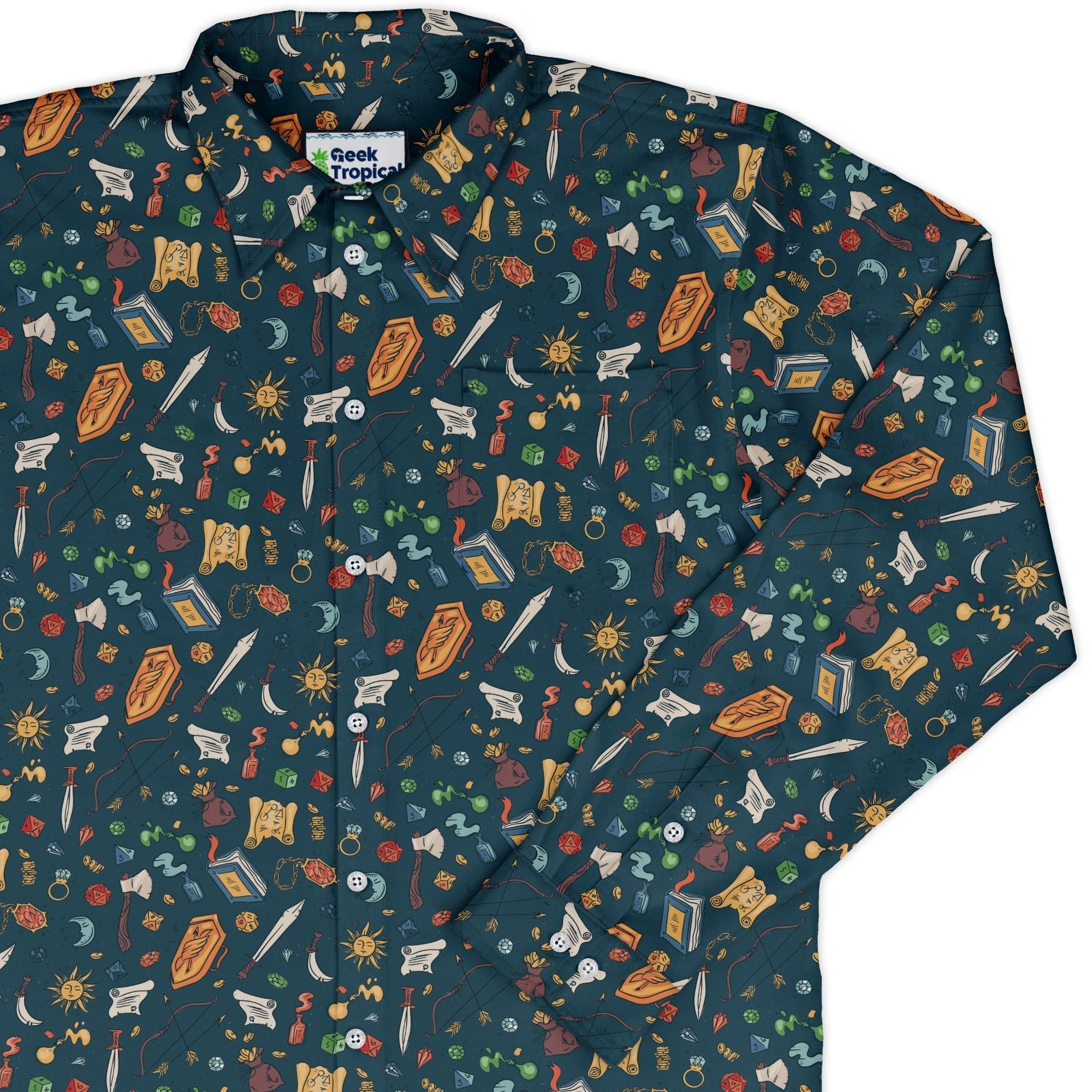Dnd Adventure Long Sleeve Button Up Shirt Geek Nerd adult sizing dnd & rpg print FLOW DESC WRITING
