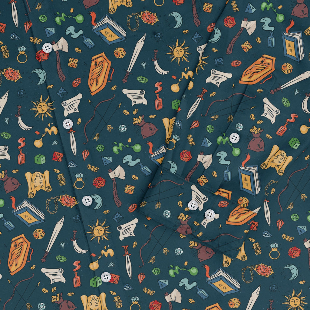 Dnd Adventure Long Sleeve Button Up Shirt Geek Nerd adult sizing dnd & rpg print FLOW DESC WRITING