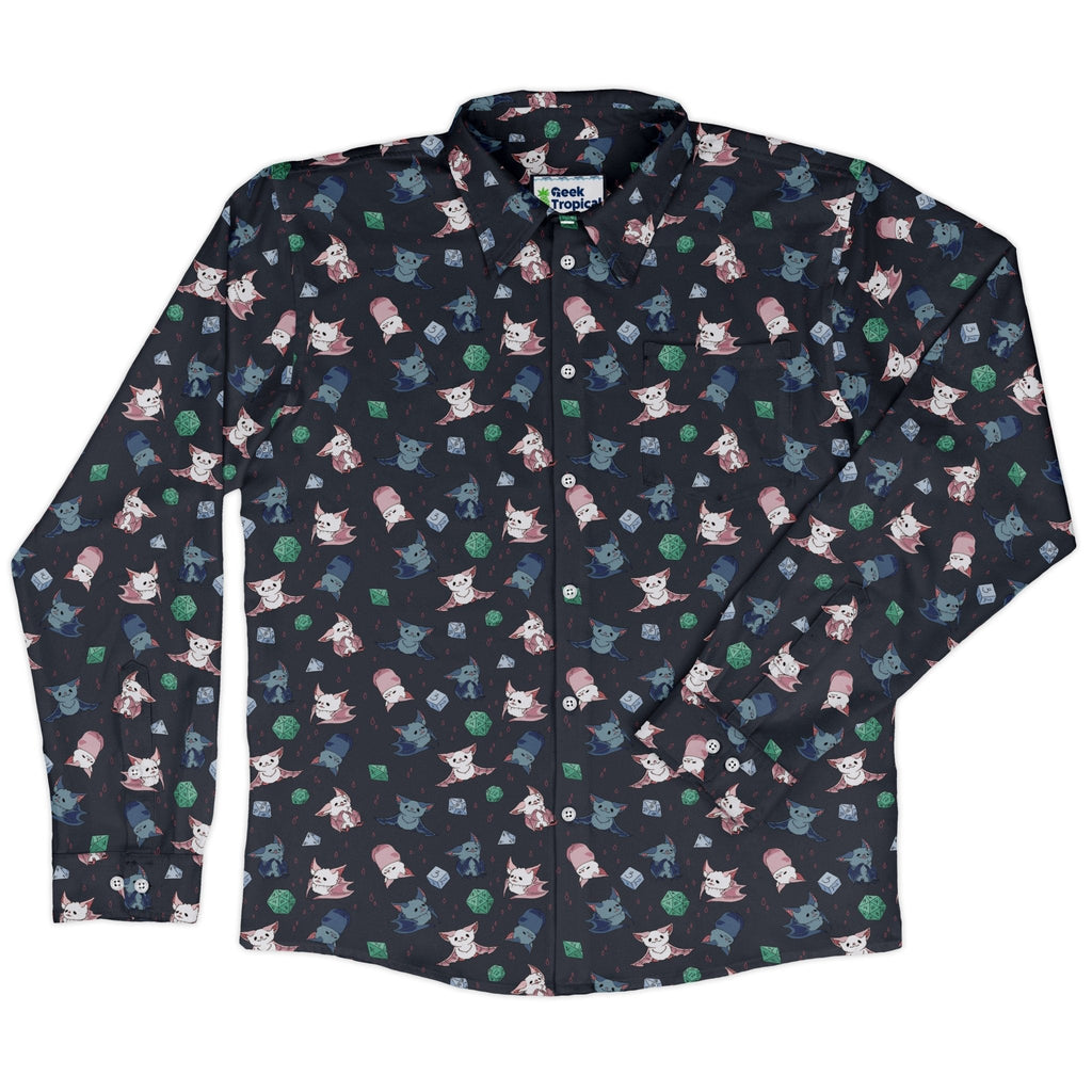 Dnd Bat Familiars Long Sleeve Button Up Shirt Geek Nerd adult sizing Design by Ardi Tong dnd & rpg print