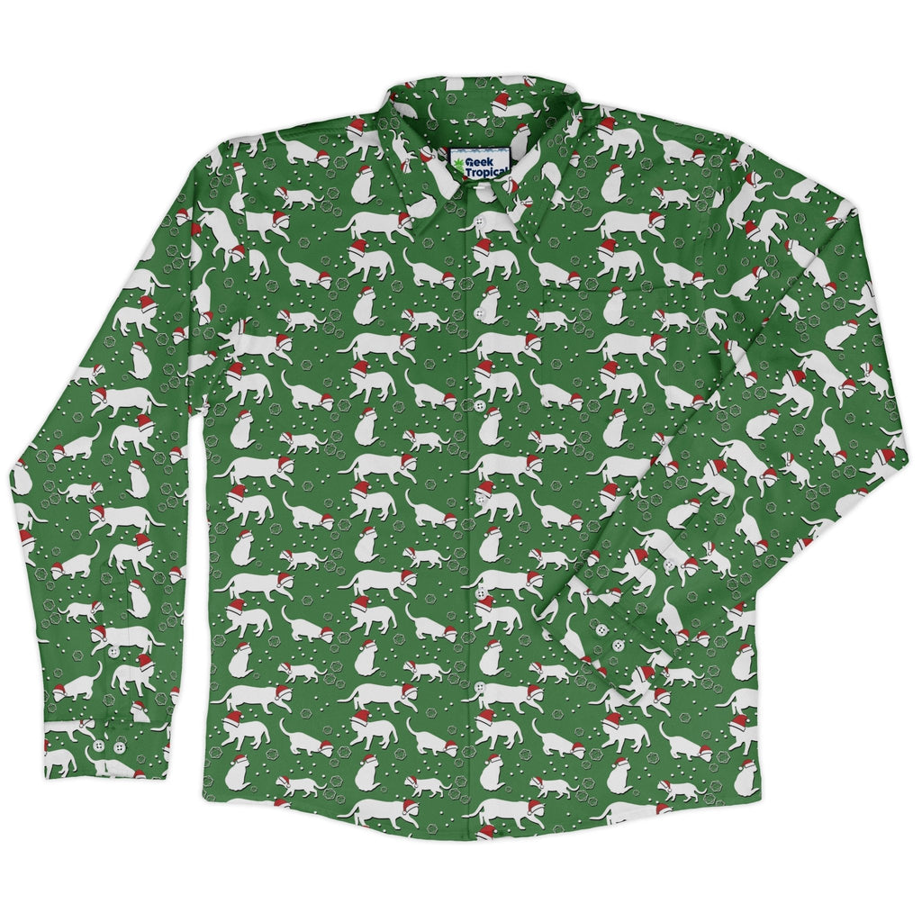 Dnd Christmas Dice Cats Long Sleeve Button Up Shirt Geek Nerd adult sizing Christmas Print Design by Heather Davenport
