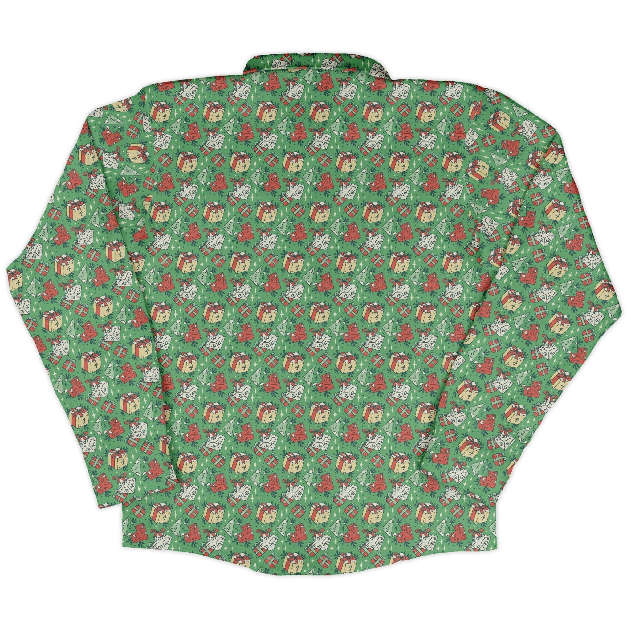 Dnd Christmas Dice Presents Long Sleeve Button Up Shirt Geek Nerd adult sizing Christmas Print dnd & rpg print