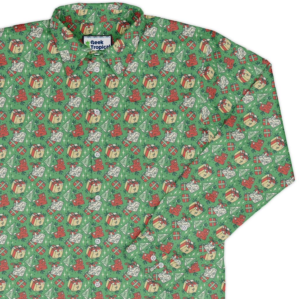 Dnd Christmas Dice Presents Long Sleeve Button Up Shirt Geek Nerd adult sizing Christmas Print dnd & rpg print