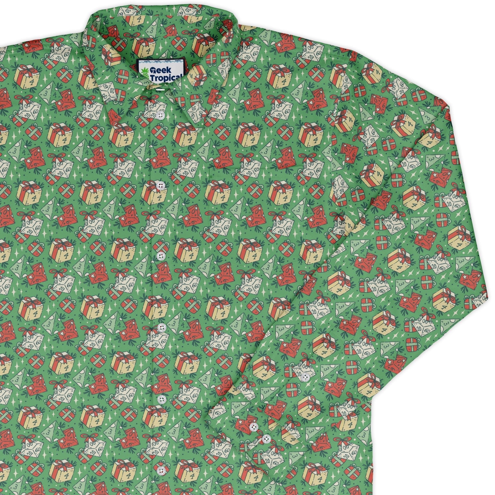 Dnd Christmas Dice Presents Long Sleeve Button Up Shirt Geek Nerd adult sizing Christmas Print dnd & rpg print
