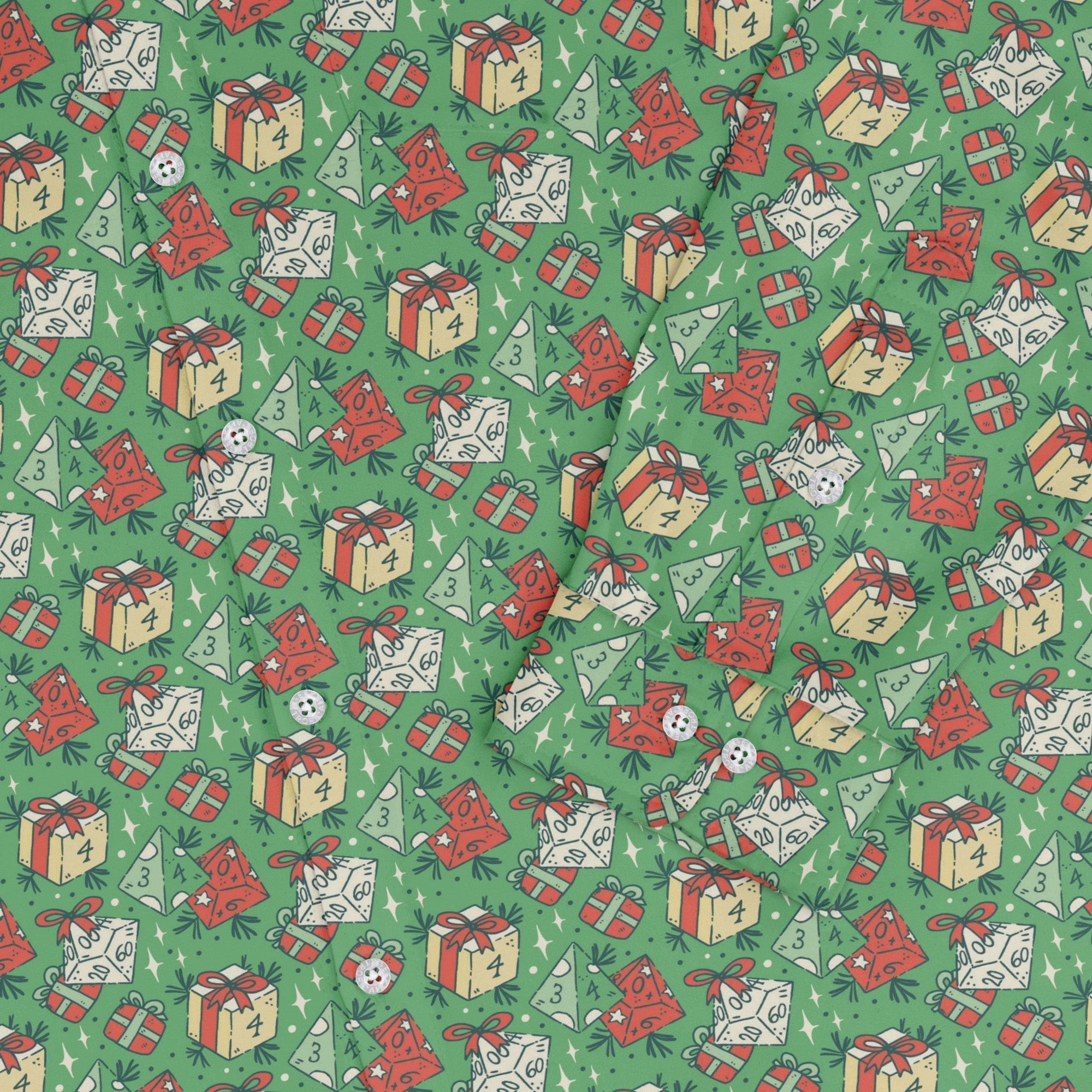 Dnd Christmas Dice Presents Long Sleeve Button Up Shirt Geek Nerd adult sizing Christmas Print dnd & rpg print