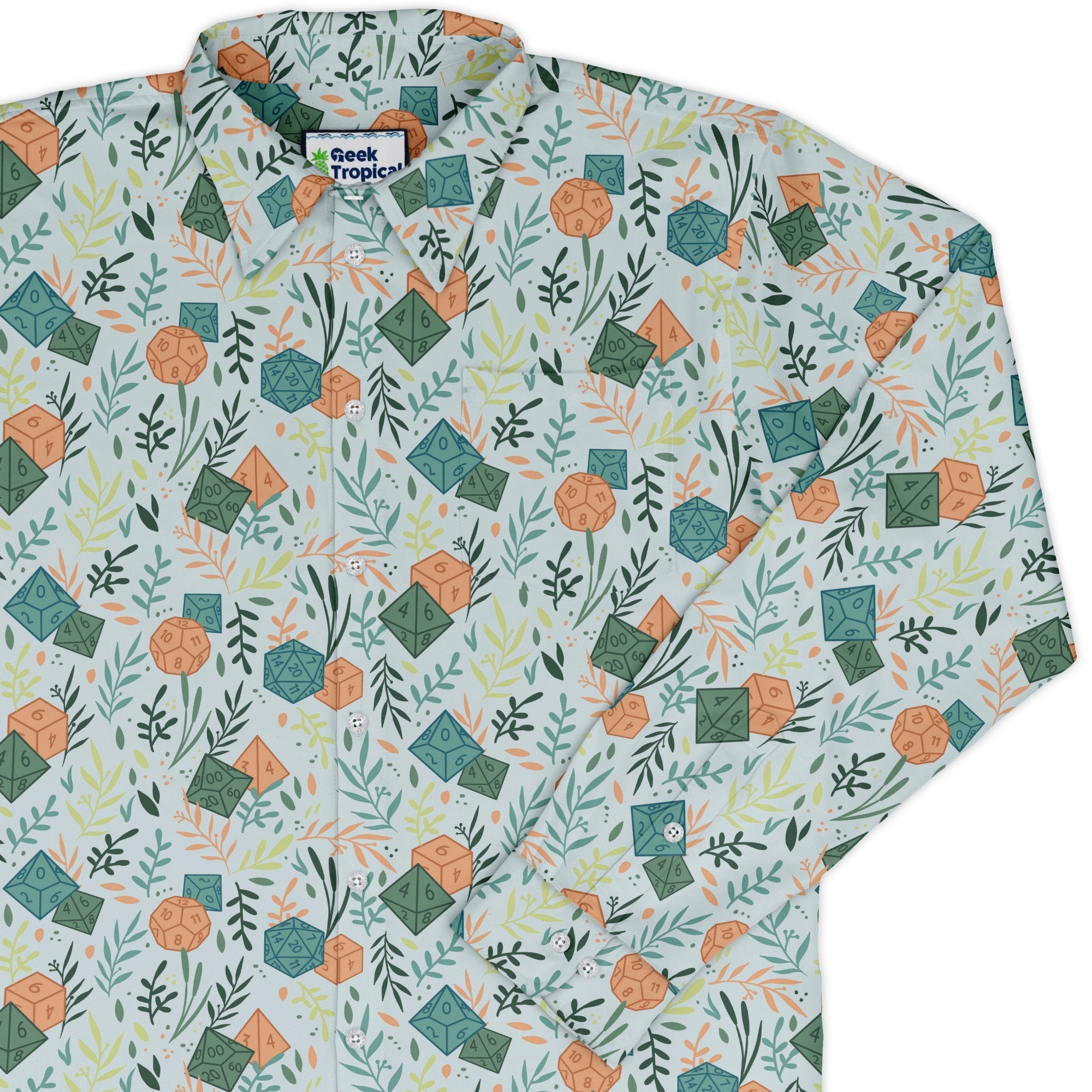 Dnd Dice Plants Long Sleeve Button Up Shirt Geek Nerd adult sizing dnd & rpg print FLOW DESC WRITING