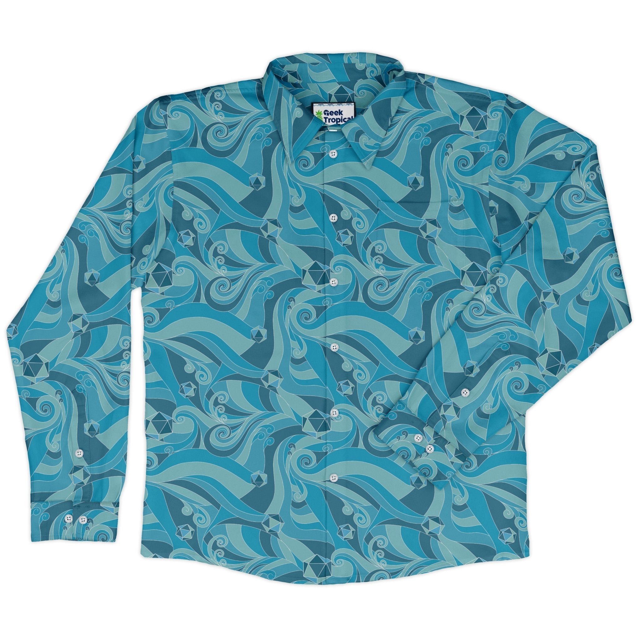 Dnd Dice Swirl Blue Long Sleeve Button Up Shirt Geek Nerd 0925 adult sizing All Adult Button Up Shirts