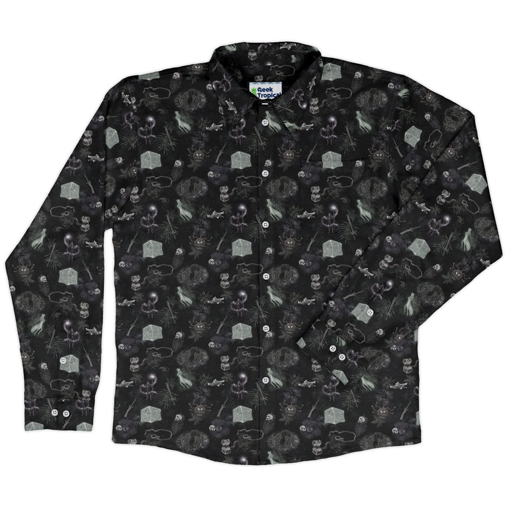Dnd Dungeon Monsters Midnight Long Sleeve Button Up Shirt Geek Nerd adult sizing Designs by Nathan dnd & rpg print
