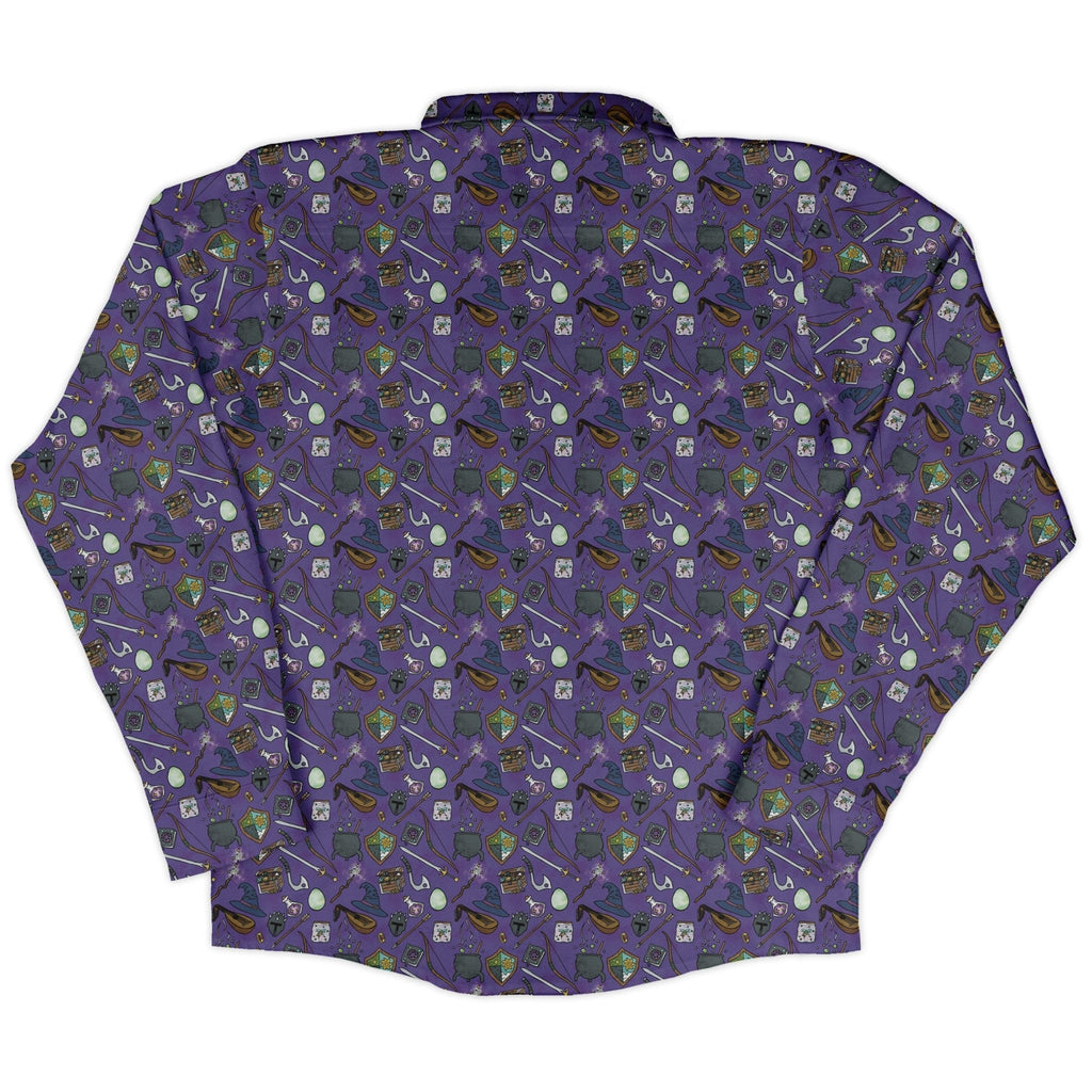 Dnd Hero Inventory Purple Long Sleeve Button Up Shirt Geek Nerd adult sizing Designs by Nathan dnd & rpg print