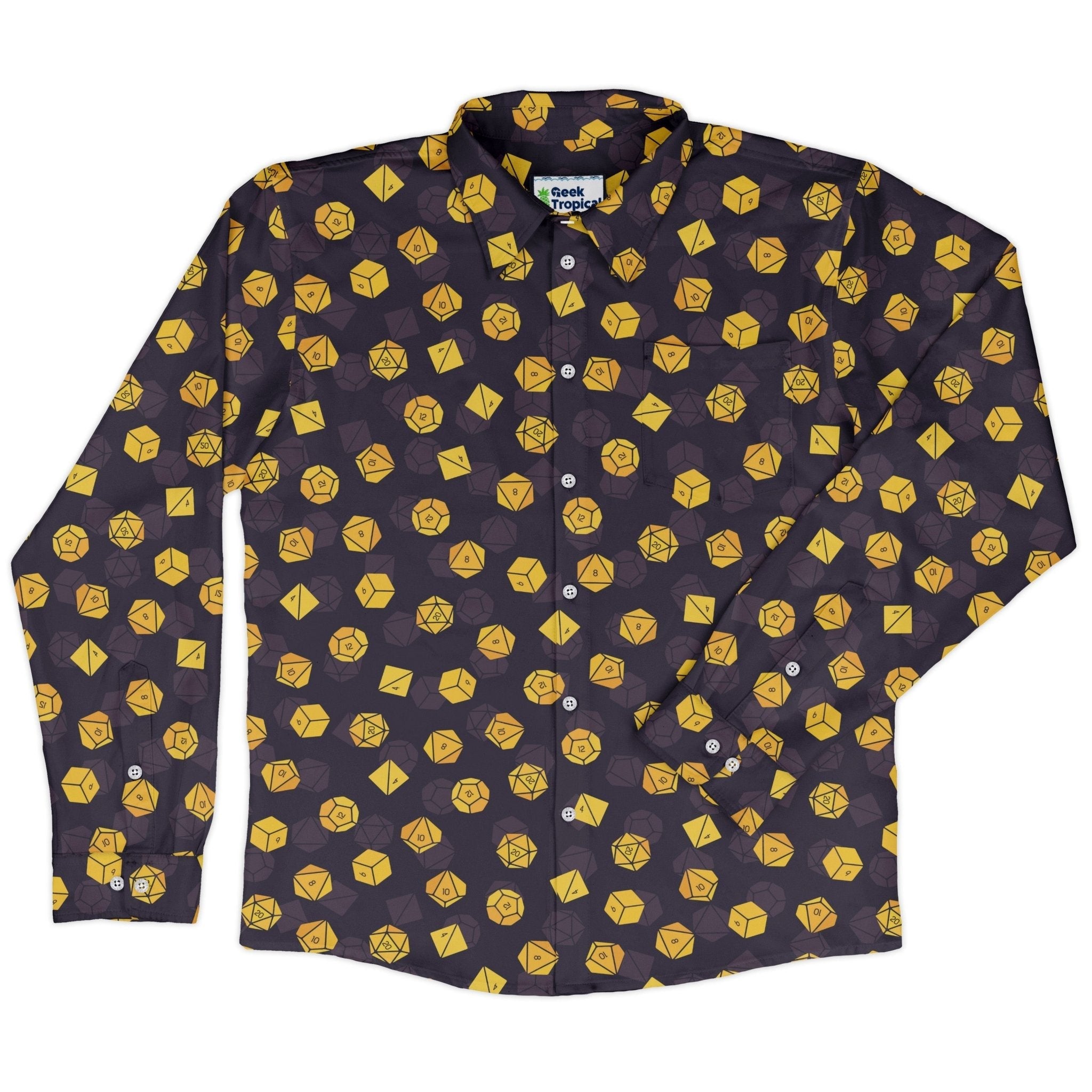 Dnd High Roller Gold Dice Long Sleeve Button Up Shirt Geek Nerd adult sizing dnd & rpg print FLOW DESC WRITING