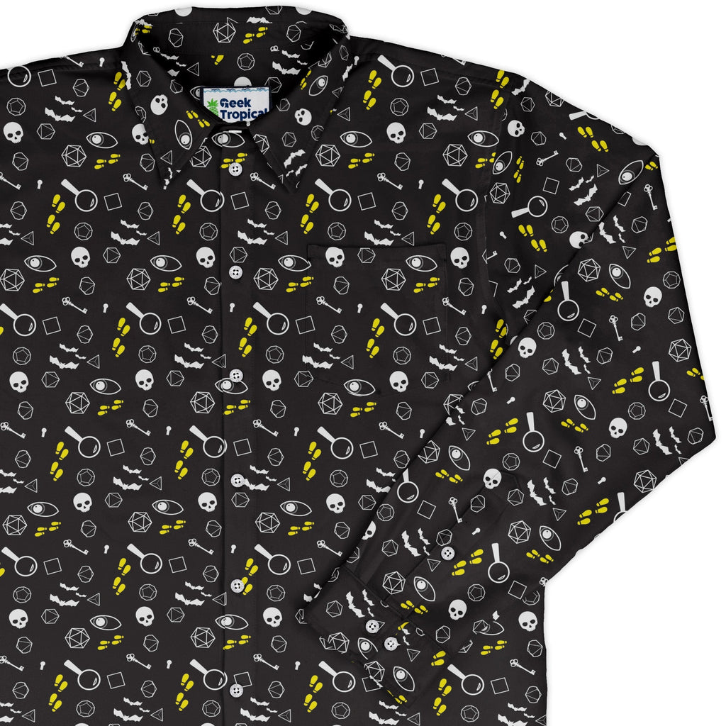 Dnd Horror Mystery Long Sleeve Button Up Shirt Geek Nerd adult sizing Design by Heather Davenport dnd & rpg print