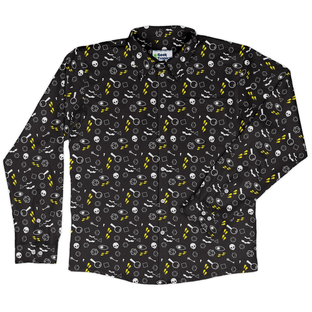 Dnd Horror Mystery Long Sleeve Button Up Shirt Geek Nerd adult sizing Design by Heather Davenport dnd & rpg print