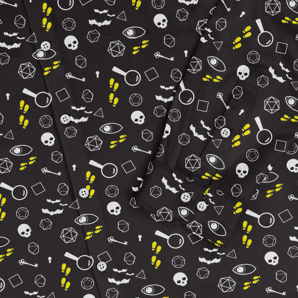 Dnd Horror Mystery Long Sleeve Button Up Shirt Geek Nerd adult sizing Design by Heather Davenport dnd & rpg print