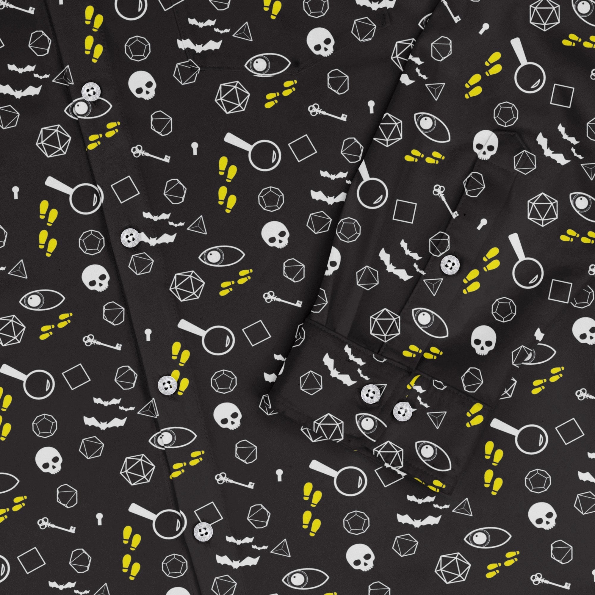 Dnd Horror Mystery Long Sleeve Button Up Shirt Geek Nerd adult sizing Design by Heather Davenport dnd & rpg print