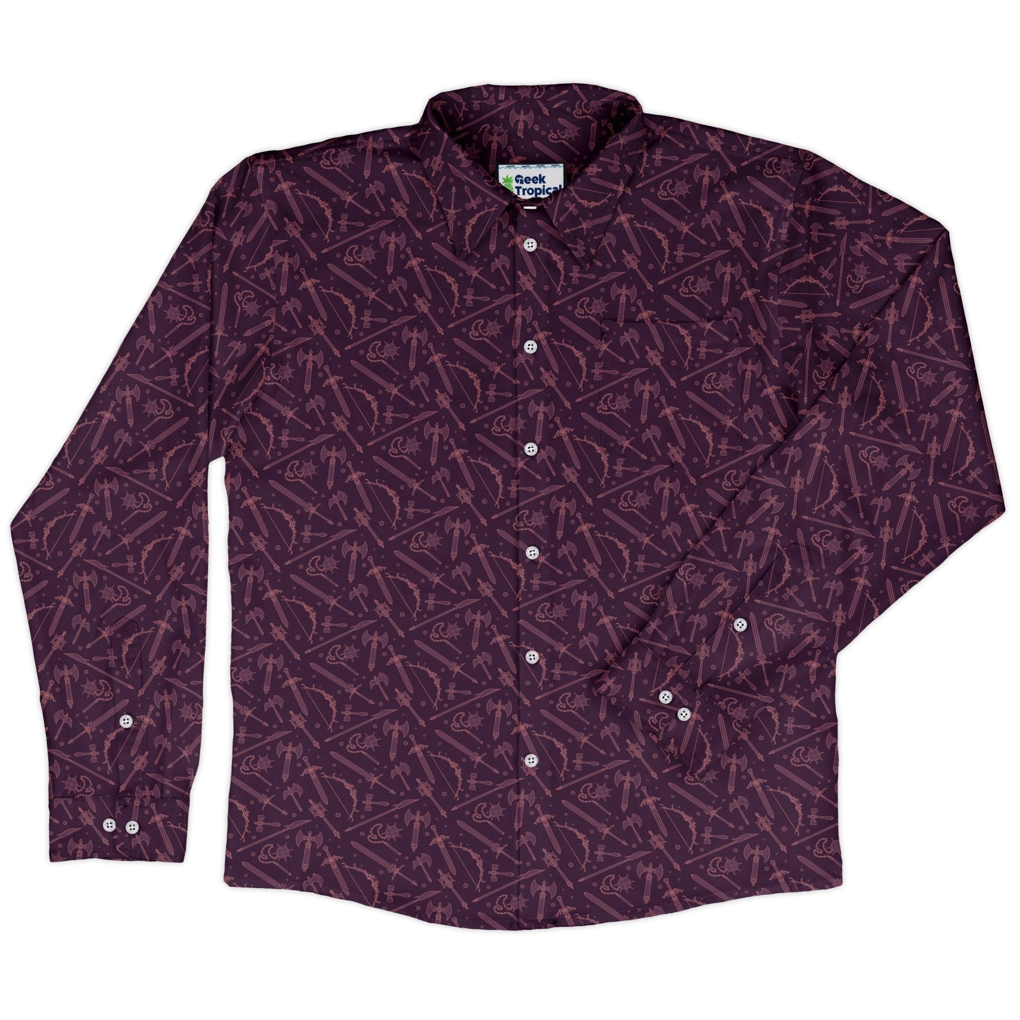Dnd Medieval Weapons Long Sleeve Button Up Shirt Geek Nerd adult sizing dnd & rpg print FLOW DESC WRITING