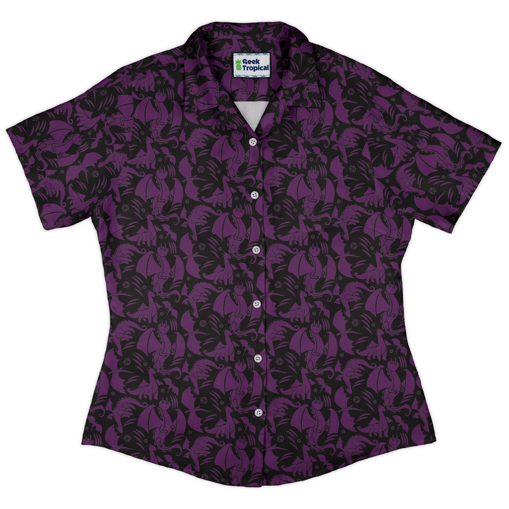 Dnd Purple Dragons Black Curvy Button Up Shirt Geek Nerd Design by Heather Davenport dnd & rpg print fantasy prints