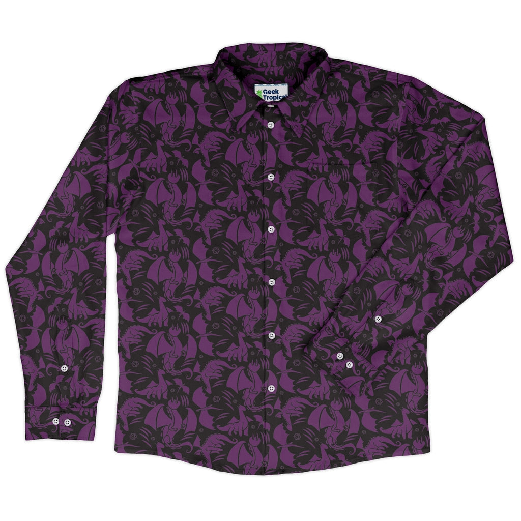 Dnd Purple Dragons Black Long Sleeve Button Up Shirt Geek Nerd adult sizing Design by Heather Davenport dnd & rpg print