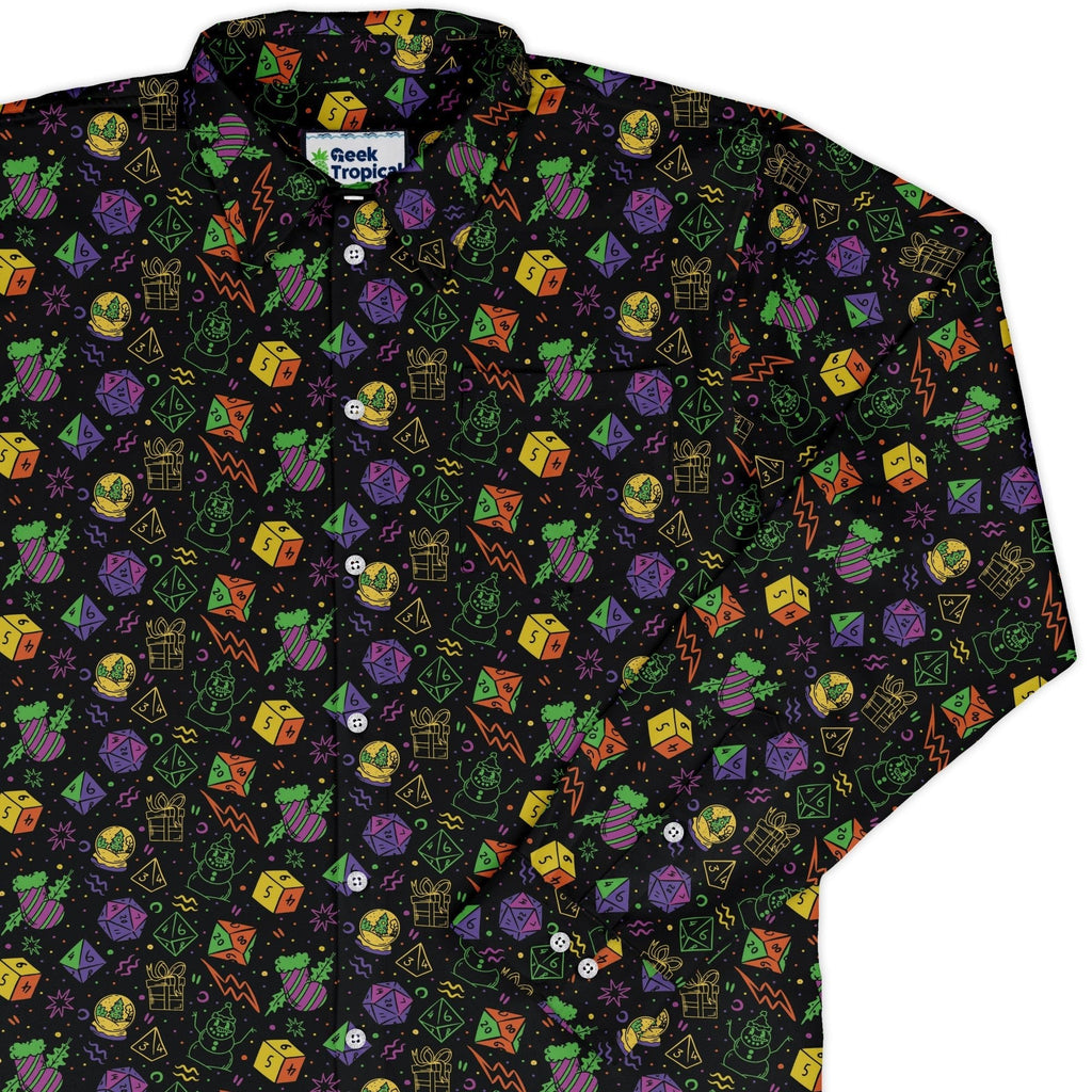Dnd RPG Christmas Black Long Sleeve Button Up Shirt Geek Nerd adult sizing Christmas Print dnd & rpg print