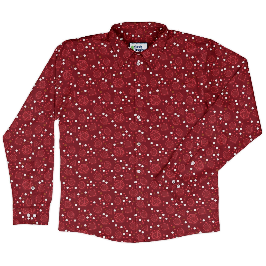 Dnd Red Dice Sets Long Sleeve Button Up Shirt Geek Nerd adult sizing Design by Heather Davenport dnd & rpg print
