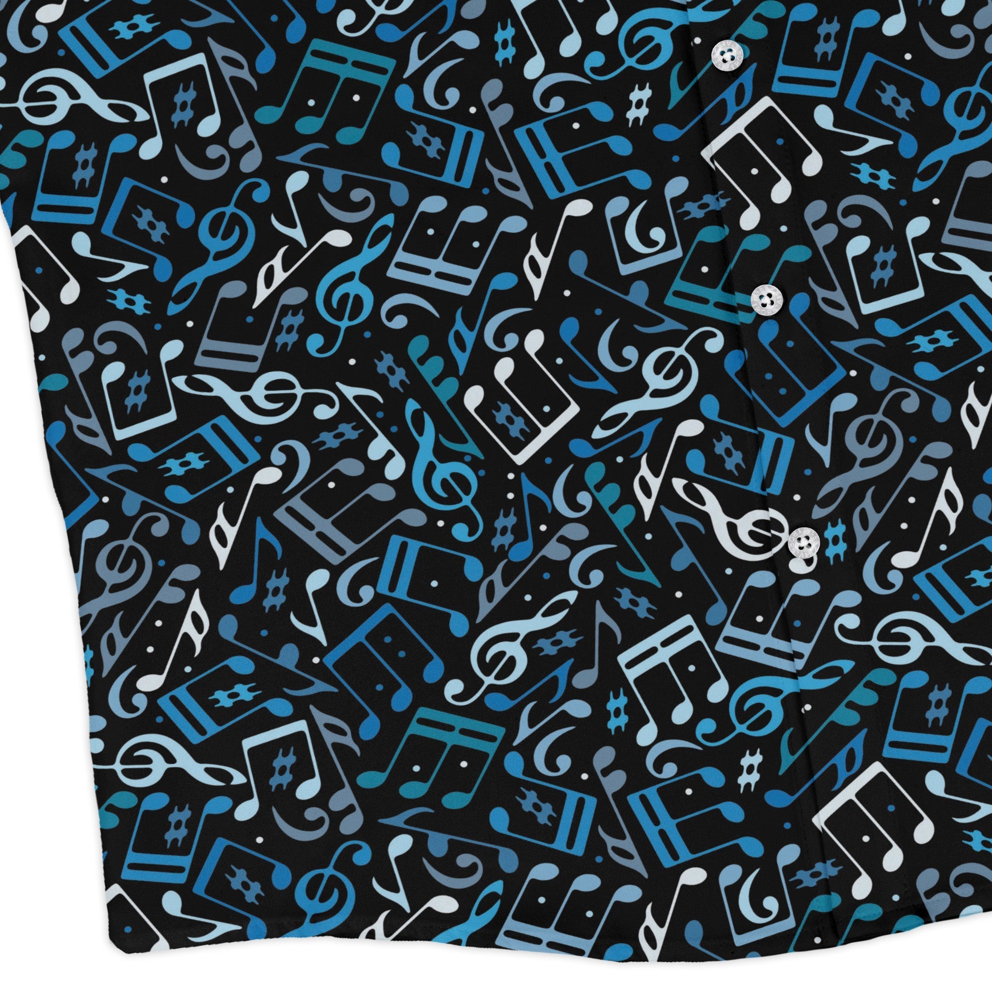 Dotted Blue Musical Notes Black Long Sleeve Button Up Shirt Geek Nerd adult sizing FLOW DESC WRITING lifestyle photo