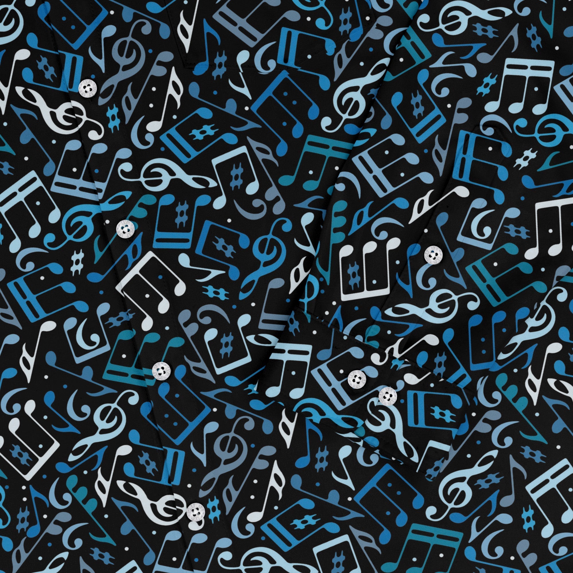 Dotted Blue Musical Notes Black Long Sleeve Button Up Shirt Geek Nerd adult sizing FLOW DESC WRITING lifestyle photo