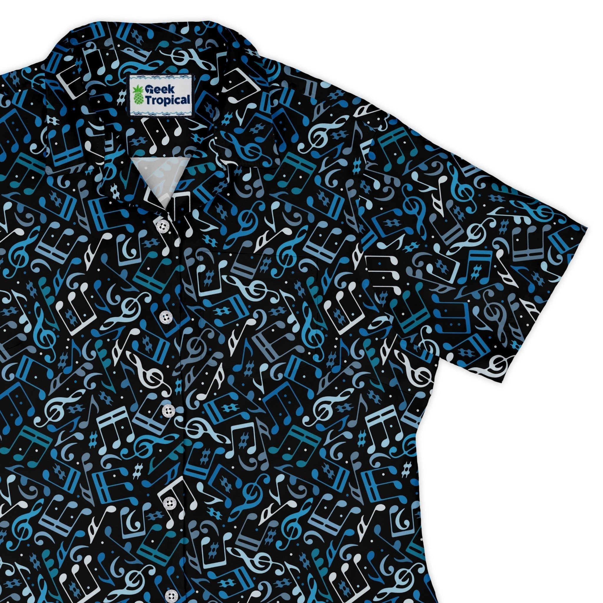 Dotted Blue Musical Notes Black Curvy Button Up Shirt Geek Nerd lifestyle photo music print women
