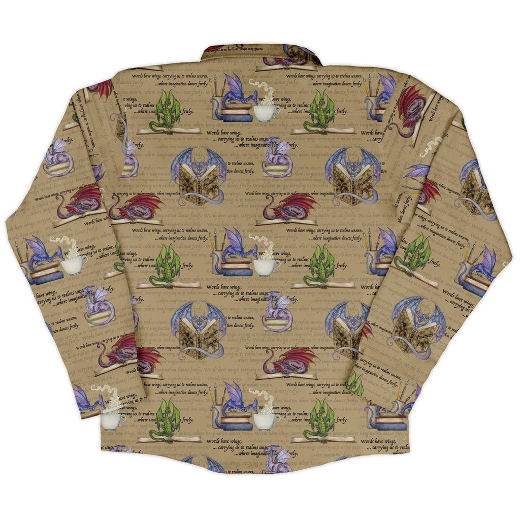 Dragon Bookworm Long Sleeve Button Up Shirt Geek Nerd adult sizing Book Prints Design by Amy Brown