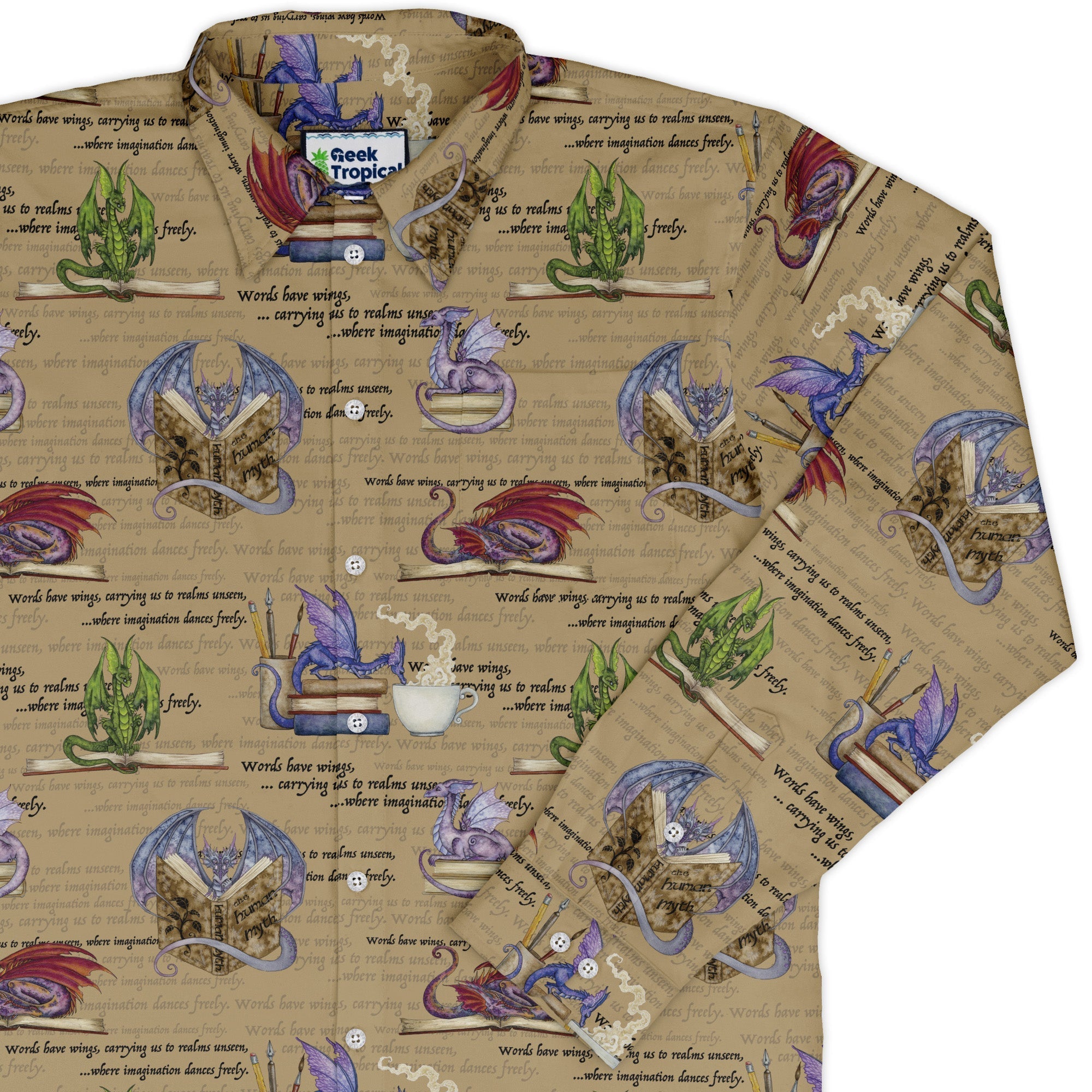 Dragon Bookworm Long Sleeve Button Up Shirt Geek Nerd adult sizing Book Prints Design by Amy Brown