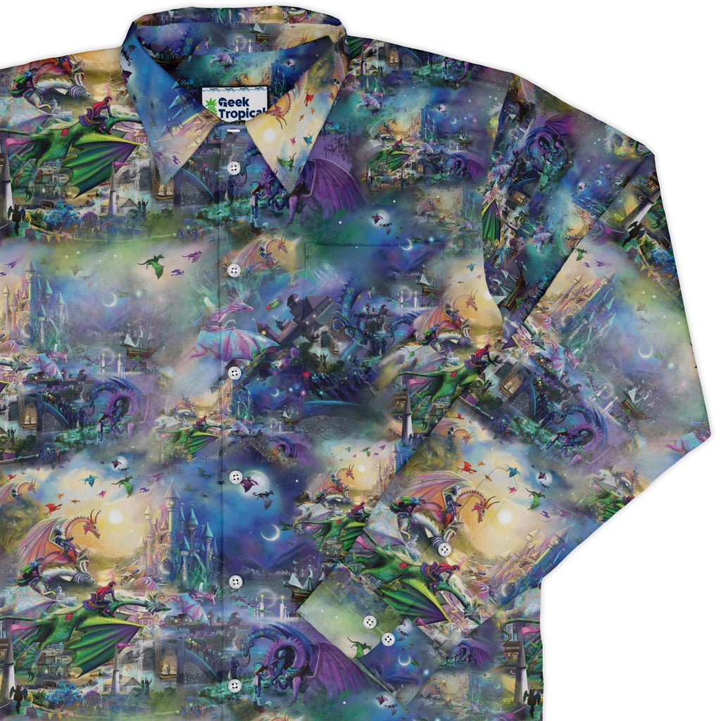 Dragon Chase Long Sleeve Button Up Shirt Geek Nerd adult sizing Animal Patterns Designed by Rose Khan